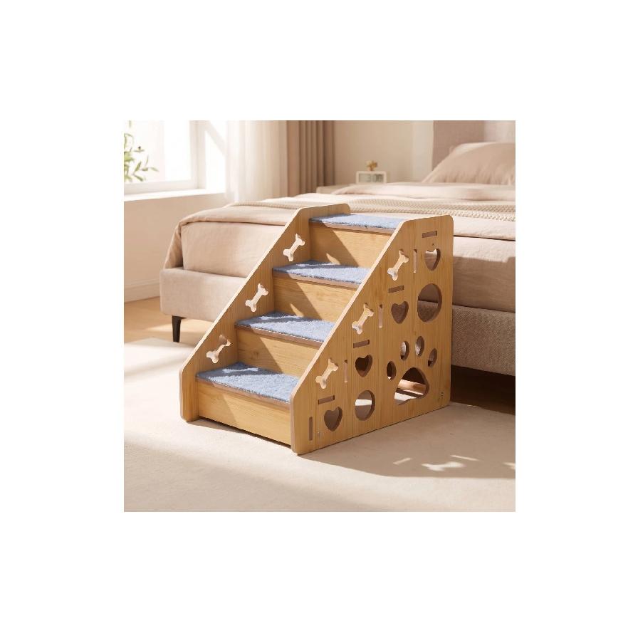 Wooden Pet Staircase Carpeted 4-Step Pet Stairs Dog Steps with Carpet Indoor Furniture Wide for Small Dogs, Bedside, Sofa