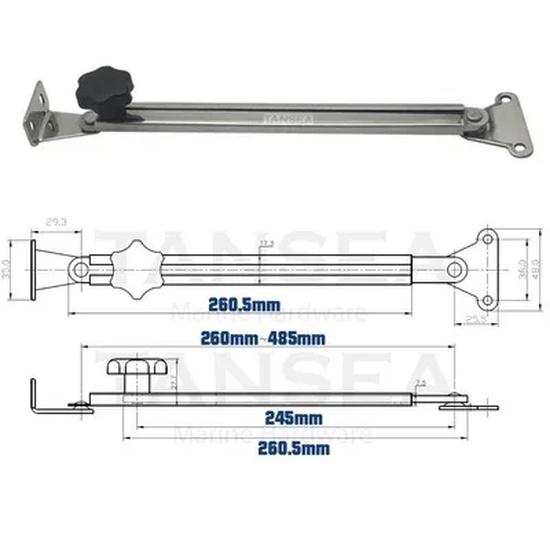 Boat Hatch Lid Stay, Support and Adjuster, 316 SS Stainless Steel, Telescoping Hatch/Window Adjuster and Stay Support