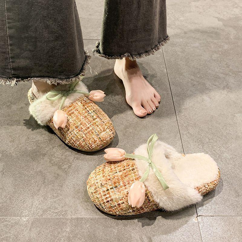 Flower bag head fluffy slippers women wear cute warm bag head cotton slippers women