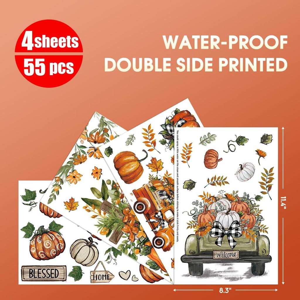 Horaldaily 55 PCS Fall Window Cling Sticker, Thanksgiving Autumn Harvest Leaves Pumpkin Truck Sunflower Home Party Supplies Shop Window Glass Display