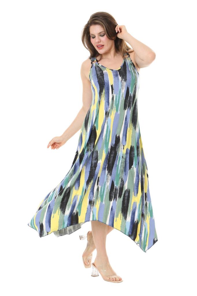 Damen Große Größe Kleid Blau Ölmalerei Muster Schnalle Detailliertes Trägerkleid