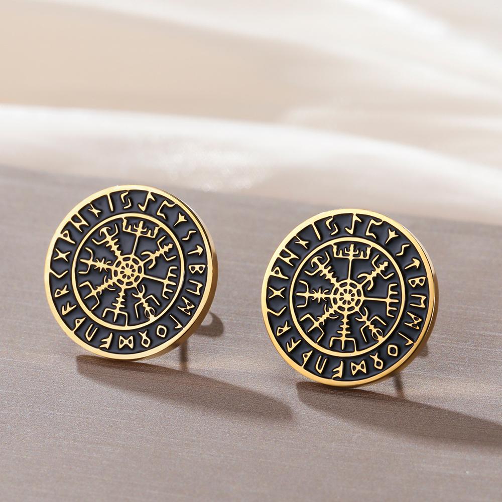 Dawapara Vegvisir Nordic Compass Stud Earrings Norse Mythology Protection Amulet Runes Stainless Steel Scandinavian Jewelry