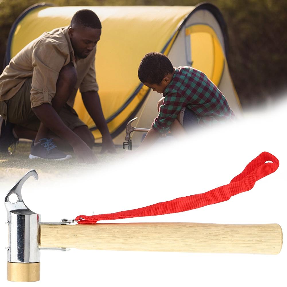 Outdoors Camping Copper Head Hammer Wooden Handle  Multi Function Sliver Tent Nail Hook Mountain Climbing Portable