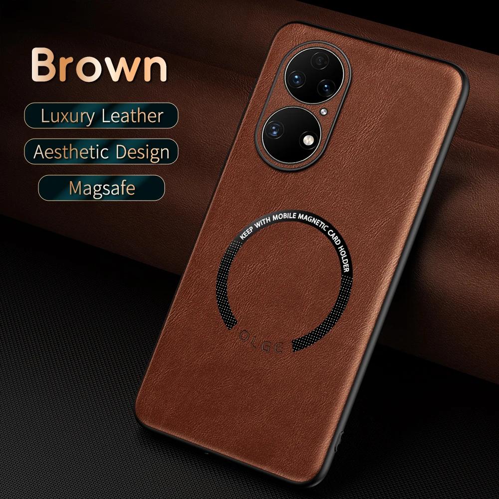 For Huawei P50 P50 Pro P50E Fine-Hole PU Cow Pattern Leather Outer Magnetic Ring Soft Edge Anti-Drop Phone Case