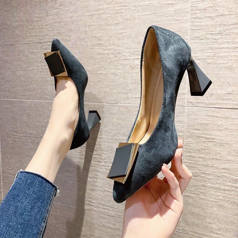 Pointed Suede Fashion Single Shoes Women's Autumn New Square Buckle Versatile High Heels Thick Heel