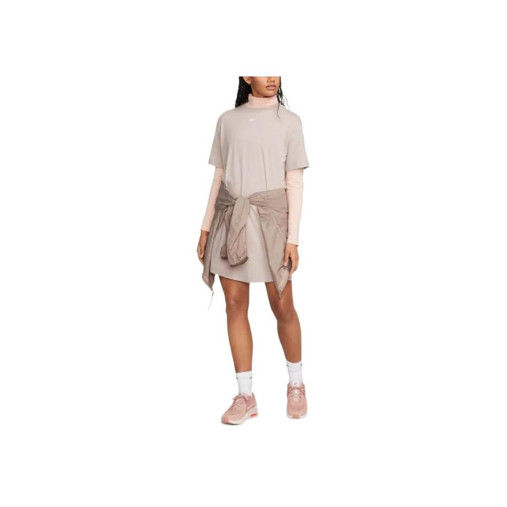 Nike Solid Color Logo Print Pullover Short Sleeve Dress Women Dresses Gray Brown DV7882-272