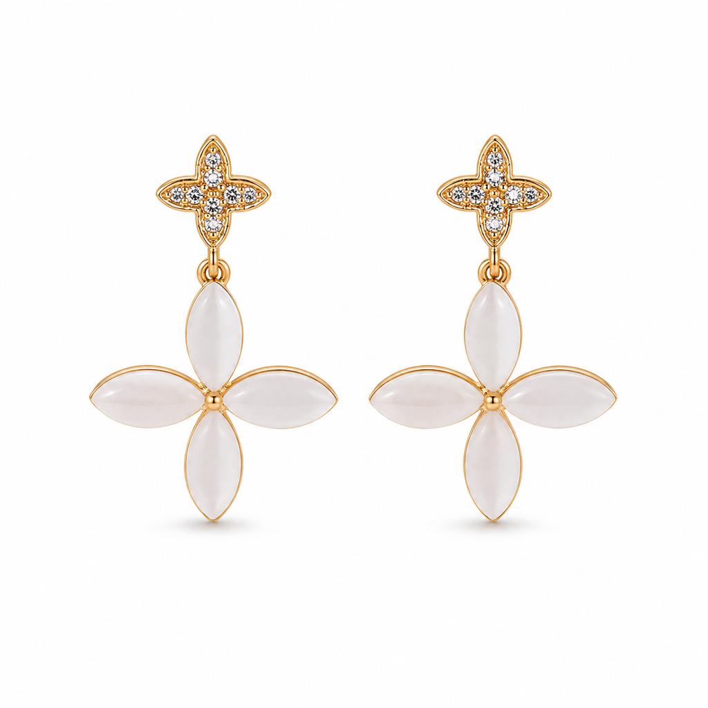High-End Trendy Cat's Eye Four-Leaf Clover Drop Earrings Silver Plated for Women Gift