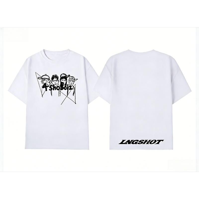 Vintage 4shoboiz Group Sketch Print T-Shirt LNGSHOT Letter Back Print Oversized Hip Hop Tshirt Men Y2K Streetwear Short Sleeve