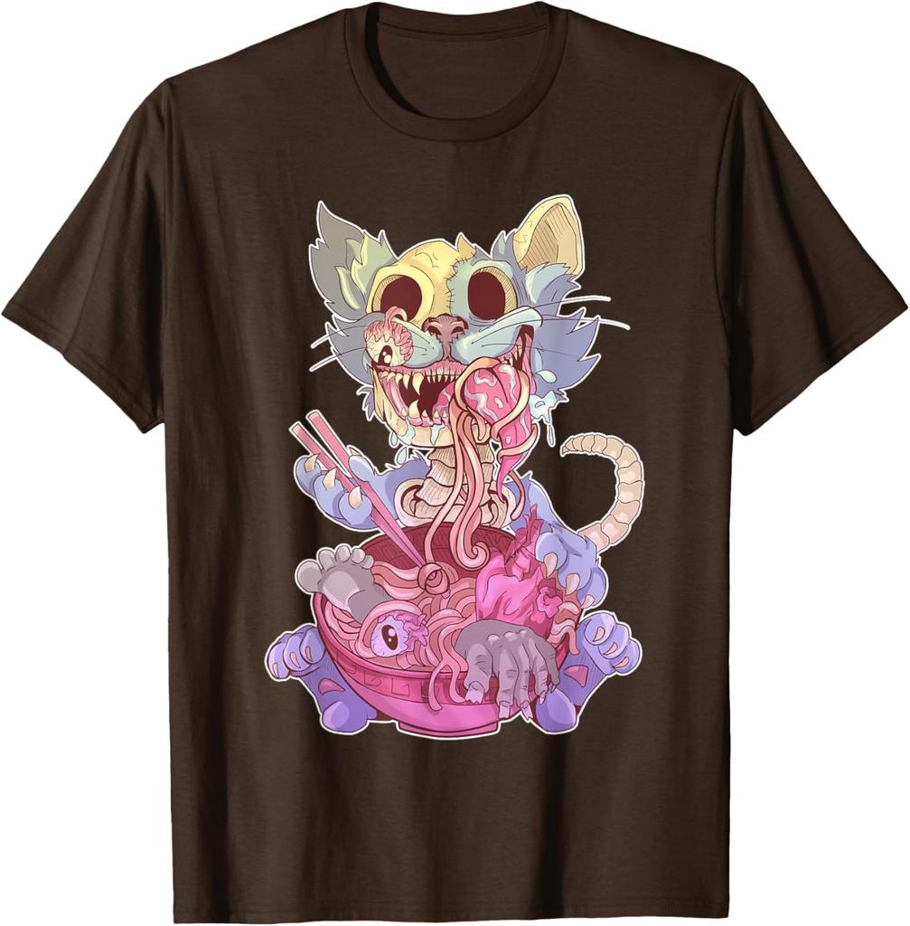 Zombie Cat Ramen Graphic Tee Kawaii Goth Weird Illustration T-Shirt For Men Casual