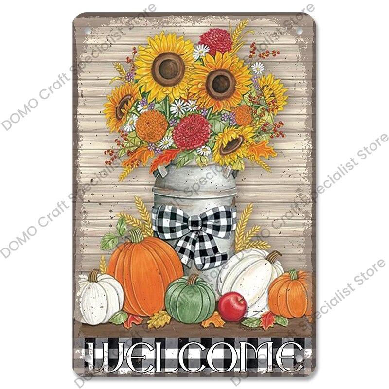 Welcome Poster Metal Plate Vintage Pumpkin Sunflower Bird Metal Tin Signs Wall Decor Garden Door Cafe Party