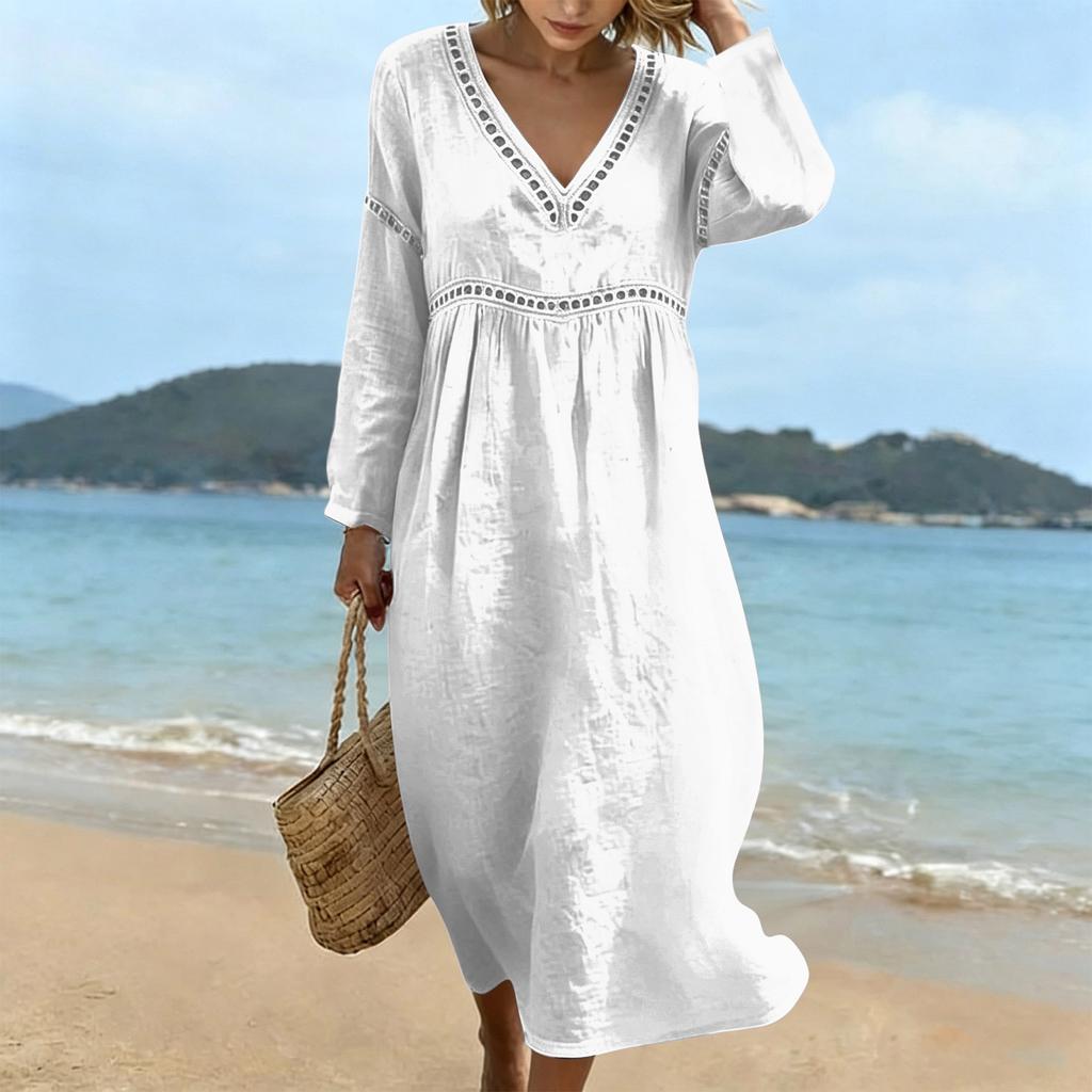 Fashionable Lady's V-neck Mid-length Casual Long-sleeved Dress