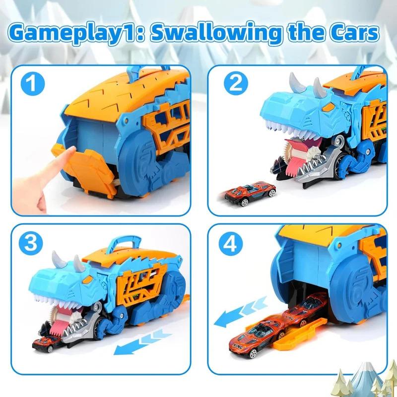 Non-Toxic Dinosaur Toys For Kids Children Ages 3-5 Car Track Set Dinosaur Transport Truck With Diecast Cars That Transform Into Dinosaurs