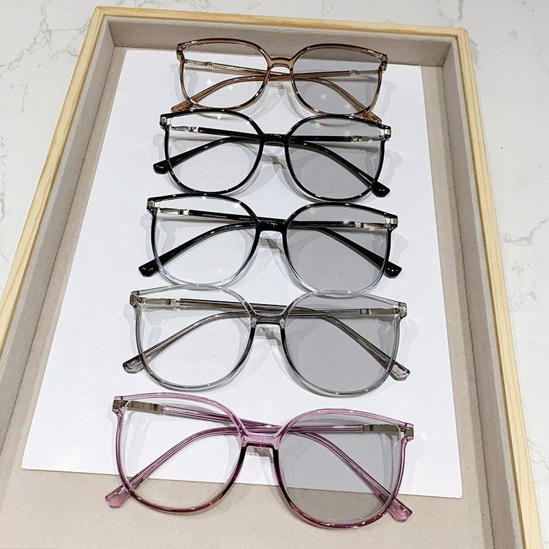 Fashion Light-sensitive Color-changing Retro Large Frame Myopia Glasses Anti-Blue Light Hundred Reduced Degree Eyeglasses