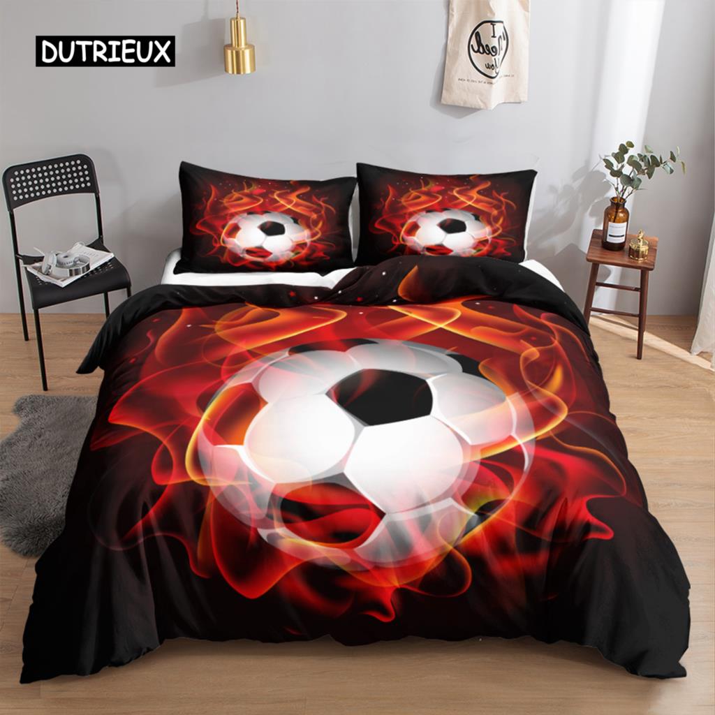 Football Duvet Cover Set 3D Football with Fire Teen Bedding Sets Boys Sports Twin Double Queen King Size Polyester Qulit Cover