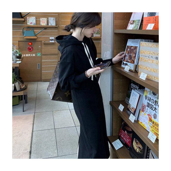 [Cotton Fish Scale] Autumn Long Sleeve Dress Women s Spring and Autumn Skinny Temperament Fashion Loose Casual M чёрный