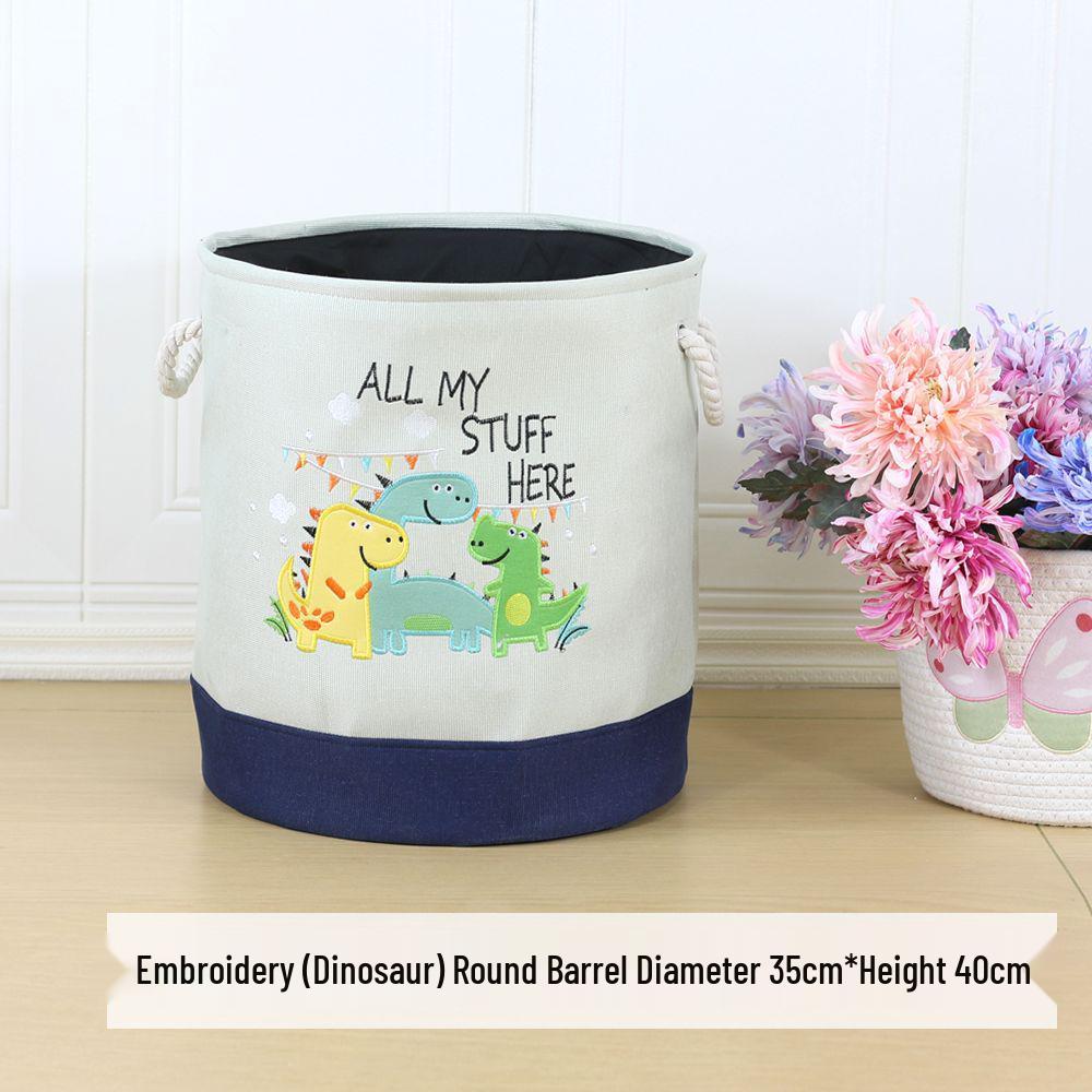 Children's Cartoon Embroidery Storage Bucket - Fabric Cotton Linen Organizer for Toys, Laundry, and Sundries.