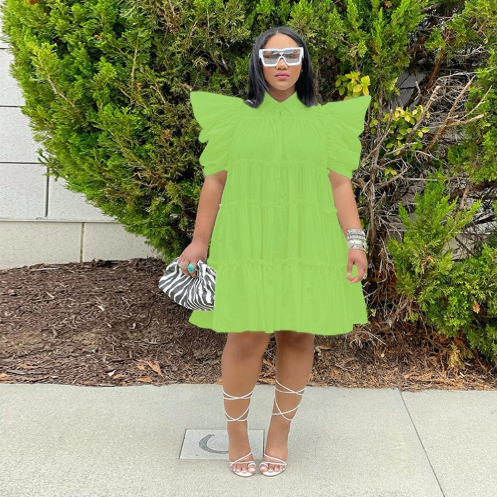 Women's Polo Collar Short Sleeve Loose Fit High Waist Sweet Mini Dress Shirt Dress Solid Cotton Ruffle Tiered Puff Sleeve Summer Casual Flared Dress