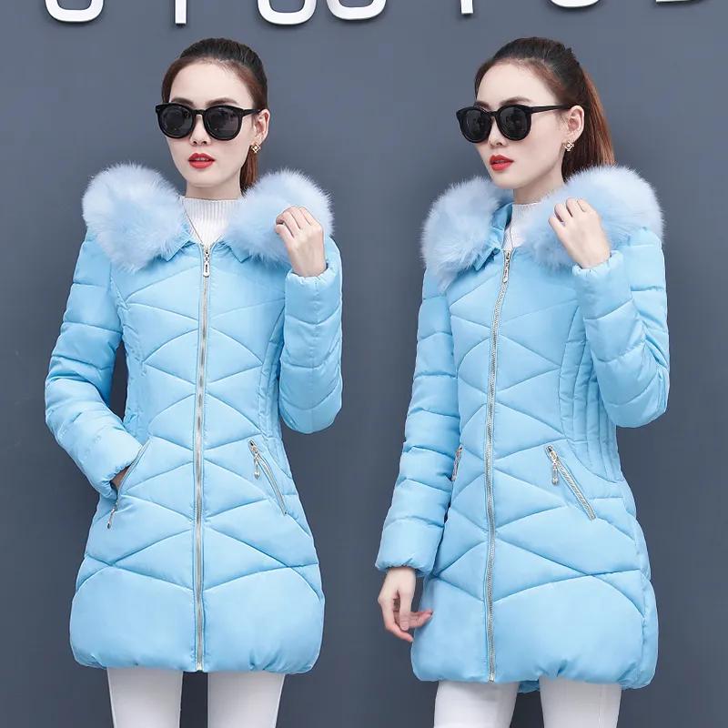 

Women s Winter Korean-Style Slim-Fit Mid-Length Warm Coat Elegant Solid-Color Large Fur Collar Jacket XS синій
