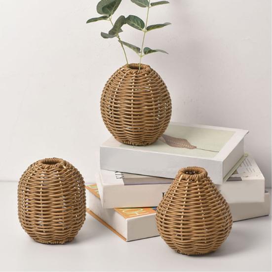 Woven Faux Rattan Vase Handmade Indoor Decorative Vase for Dried Artificial Flowers Rustic Farmhouse Boho Wicker Vase Basket for Table Centerpiece