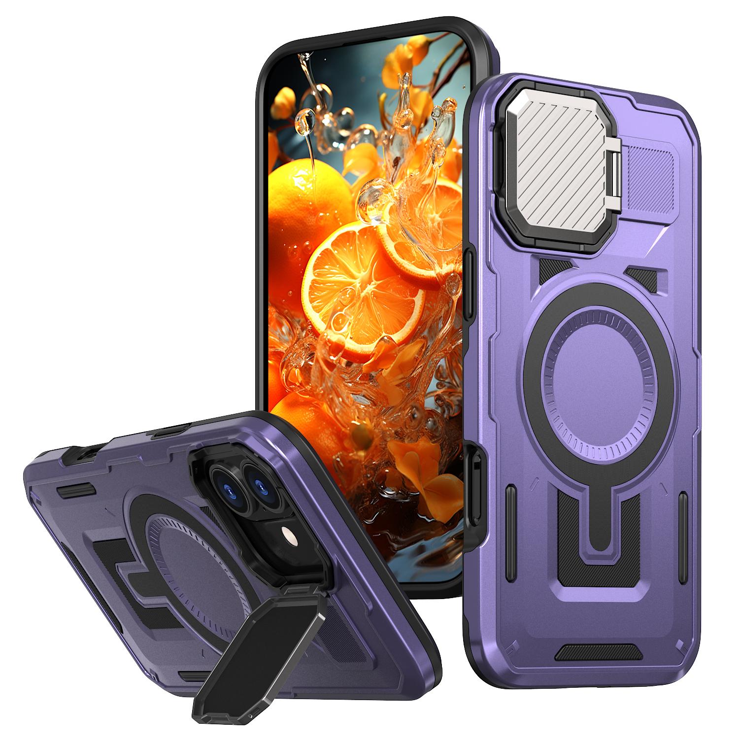 

For iPhone 16 Plus Case Compatible with MagSafe Lens Lid Kickstand PC+TPU Back Cover Purple
