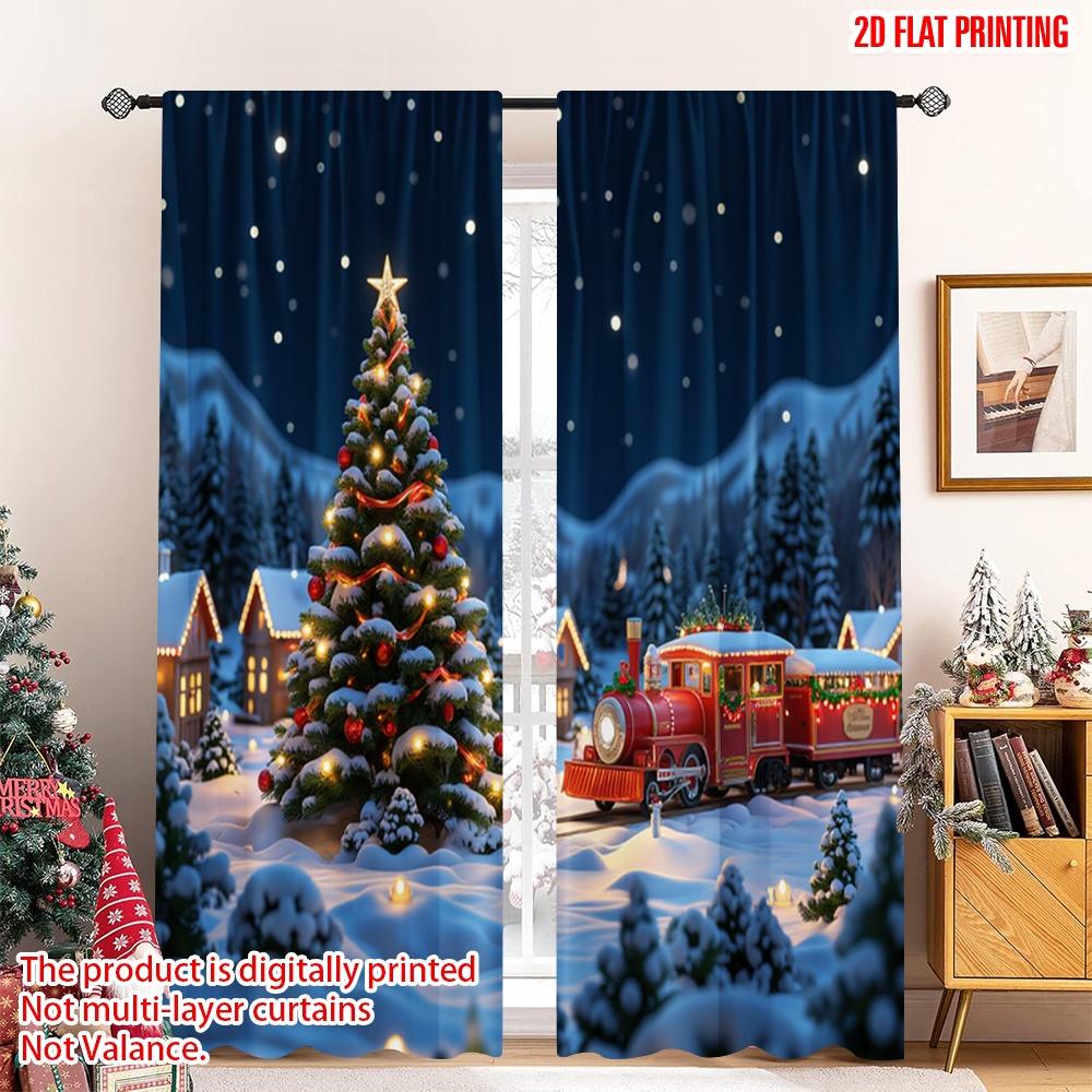 

Set Of 2 Flat Printing Merry Christmas Curtains Cozy Village Train Polyester Without Electricity Holiday Decorations Curtain W100*H70(CM)-Grommet top&1PCS