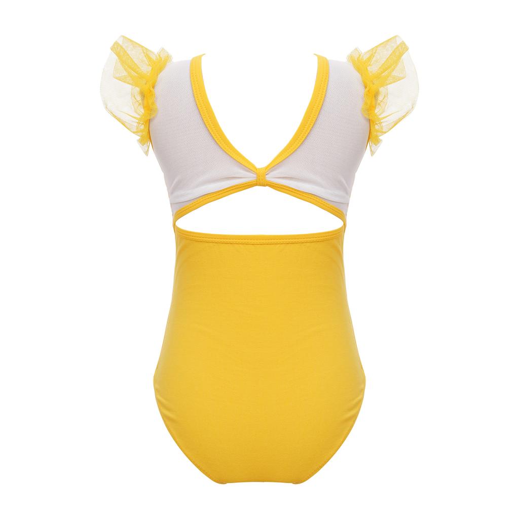Girls Ruffle Sleeve Leotard Ruched Mesh Patchwork Cutout Back Bodysuit