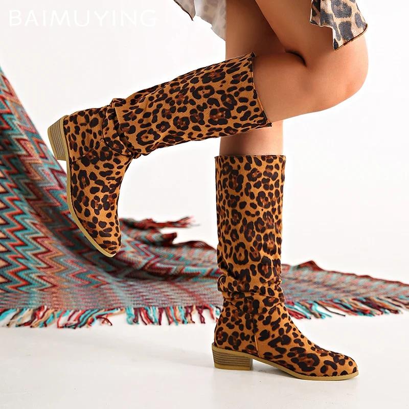Leopard Women High Boots Sexy Chunky Pointed Toe Knee High Shoes Woman 2024 Trend Winter New Gladiaotor Motorcycle Botas Mujer