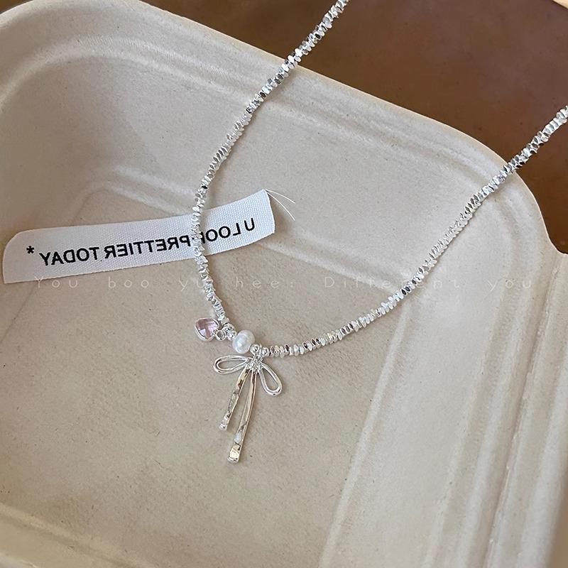 Bow pink diamond natural pearl broken silver necklace accessories women's high sense collarbone chain light luxury niche neck chain