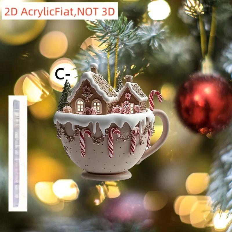 2D Flat Christmas Snow House Chocolate Mug Acrylic Decoration Sign, Home Decor Plaque Hanging Wall Art Decorative Garden Decoration for Room Door Sign
