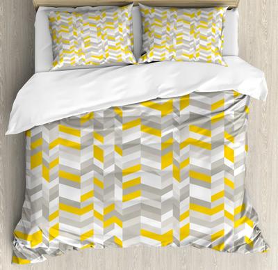 Grey and Yellow Duvet Cover Set Geometric Vintage 60s Home Pattern Inspired Herringbone Zig Zag Lines Decorative 3 Piece Adults