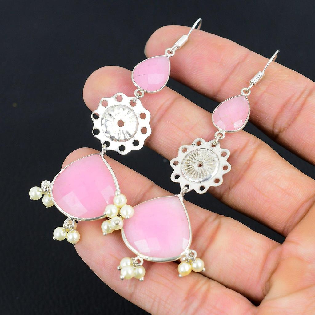 Rosa Chalcedon Edelstein Mutter Geburtstag Hängeohrringe Schmuck Sterling Silber