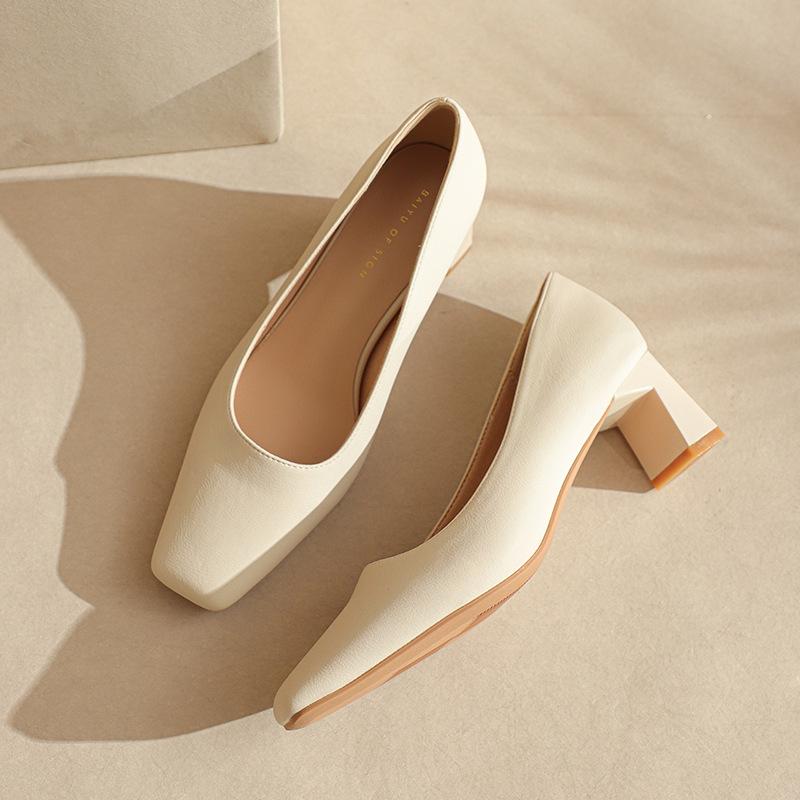 Fu Number, Square Head Single Shoes Women's Work Shoes, New Low-heeled High-heeled Shoes, Simple Shallow Microfiber Fashion Women's Shoes