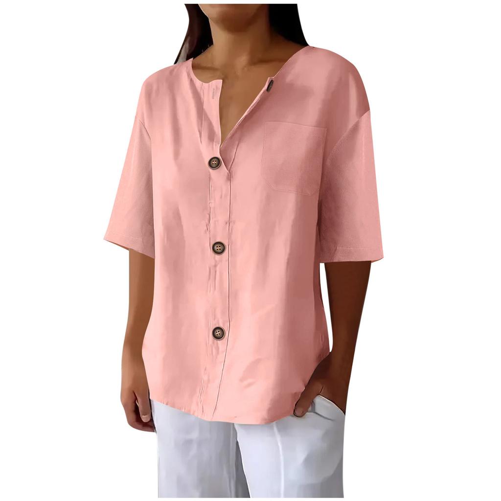 Summer Loose T-shirt Women's V-neck Cotton and Linen Button Top