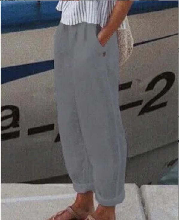 Cotton and Linen Solid Color Rolled Hem Casual Pants with Customizable Patterns