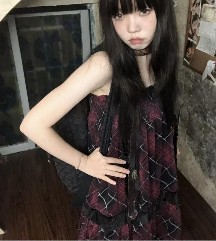 Harajuku Goth Vermelho Mini Xadrez Vestido Feminino Y2k Gothic Mall Cyber Punk Vestidos de Halloween Vintage One Piece Slip Vestidos