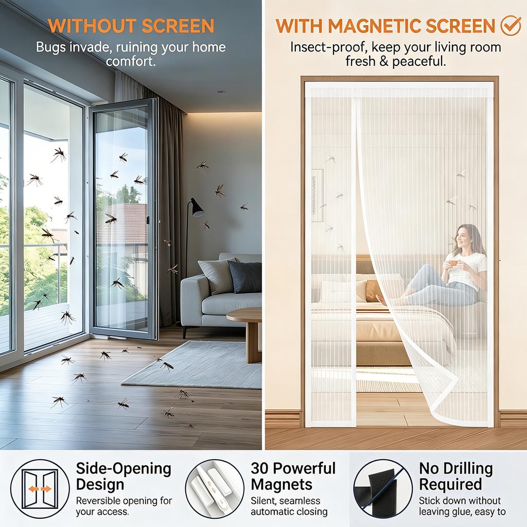 Magnetic Screen Door, Side-Opening Double-Sided Magnetic Screen Door, Insect Screen, Polyester Mesh, High-Density Breathable Screen—White