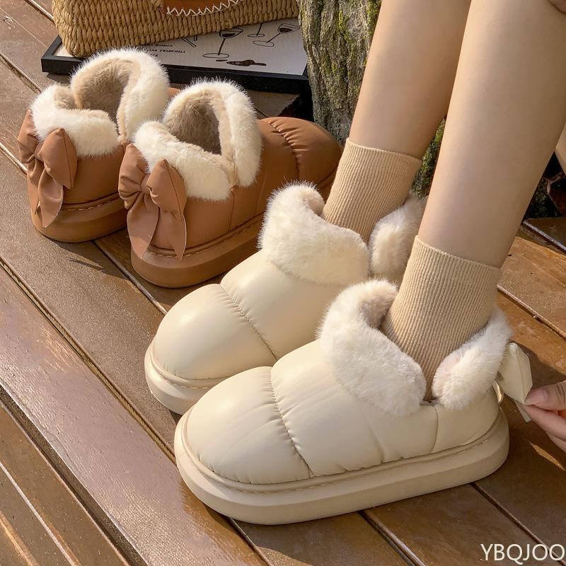 Butterfly Knot Cotton Slippers for Women's Autumn Winter Indoor Home Use Thick Soled Anti Slip Plush Warm with Cotton Shoes