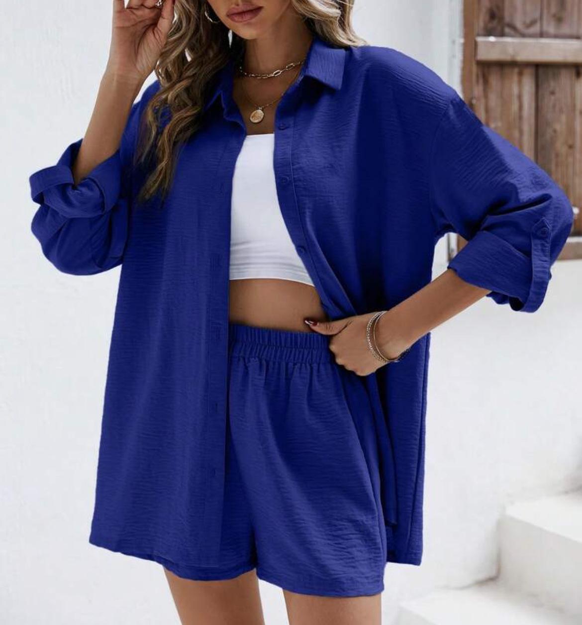 

Весна 2023 Женский однотонный комплект с рубашкой с лацканами и длинными рукавами и шортами с высокой талией L