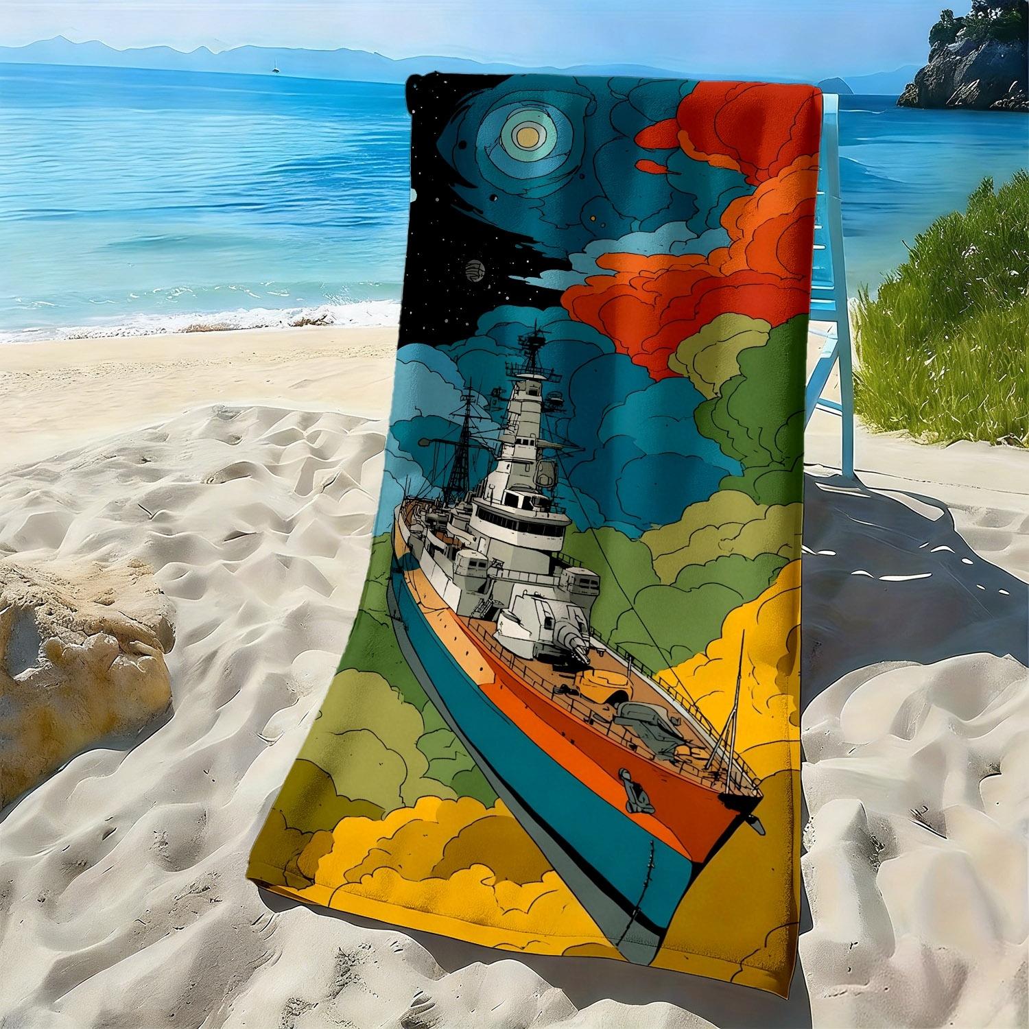 

Retro battleship sci-fi universe pattern polyester microfiber beach towel is highly absorbent, suitable swimming beach outings W30*H60(CM)
