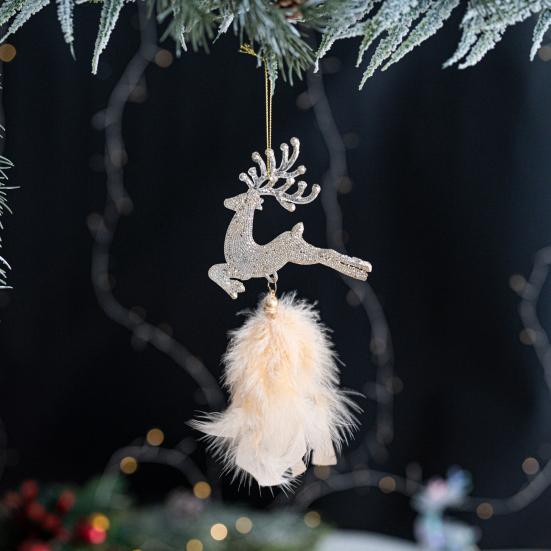 Christmas Tree Ornament Snowflake Plush Pendant Hanging Xmas Pendant with Feather Elements Sequins Bells Winter New Year Party Decor