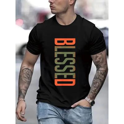 European Sizes Men Blessed Graphic Print T-Shirt For Men Casual Short Sleeve Tee 1 Pcs  - Comfortable Crew Neck