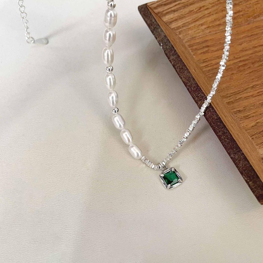 Yinruitai Sterling Silver Emerald Gemstone & Freshwater Pearl Necklace
