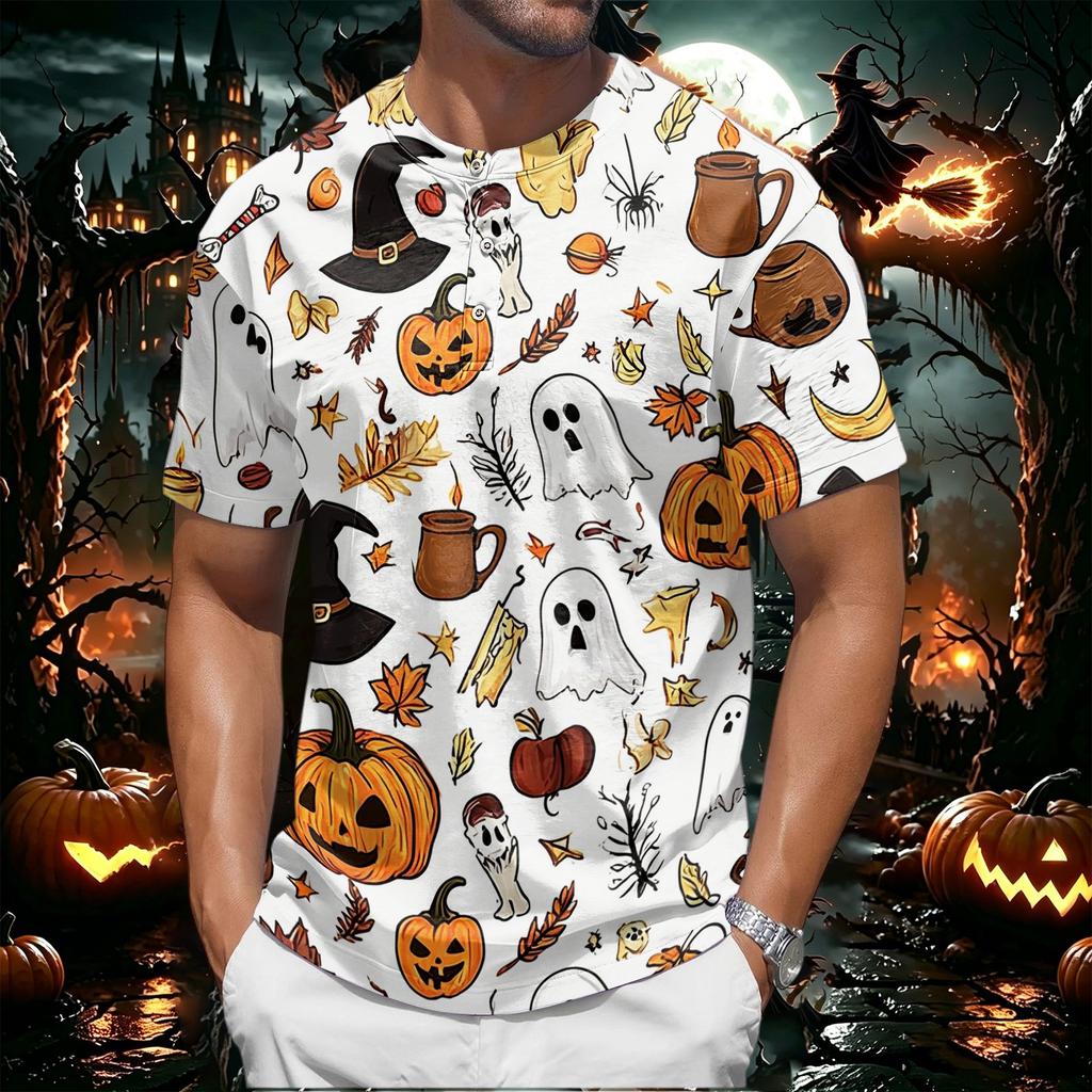 Men's Halloween Short Sleeve Henley Shirt Pumpkin and Bat Print Casual Lightweight Breathable Top for Seasonal Wear