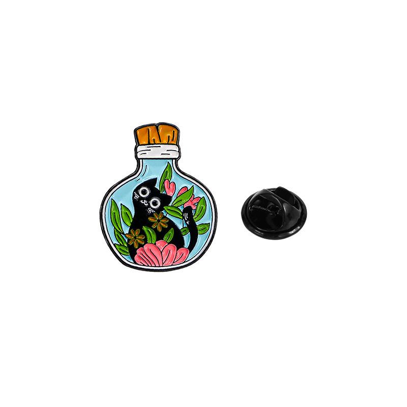 Süßes schwarzes Katzen-Cartoon-Abzeichen, hochwertige Brosche, Blumen und Pflanzen in Flaschengefäß, Kätzchen-Kleidungszubehör