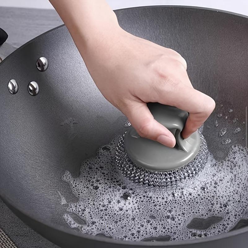 Stainless Steel Sponge Brush with Handle, Removable Decontamination Ball, Non-Stick & Oil-Free Dishwashing, Residue-Free Kitchen Cleaning Too