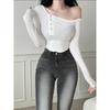Elegant Off-the-Shoulder Asymmetrical Cropped Long-Sleeve Top