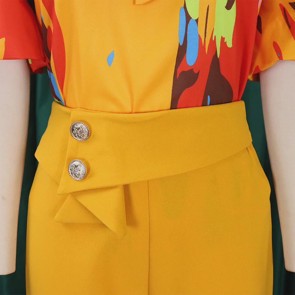D341 European/American Summer Printed Stand-Up Collar Long Sleeve Shirt & Wide-Leg Pants Two-Piece Fashion Suit