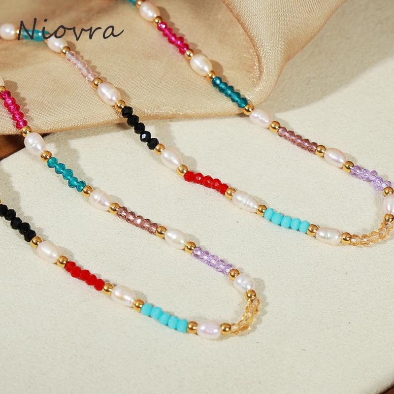 Lucky Star Jewelry Women's Nivora Bohemia Natural Stone Chain Necklace For Freshwater Zircon Stainless Steel Colorful Stone Beads Choker Neck Zircon