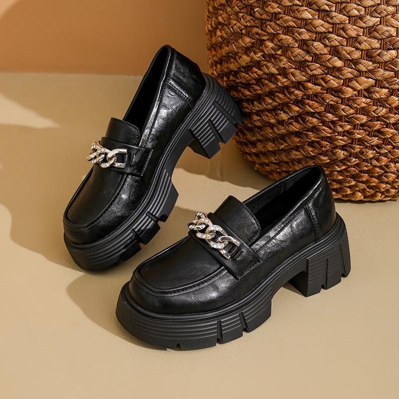 Metal Chain Loafers Autumn New Round Toe Deep Mouth Platform Sole Non-slip Wear-resistant Single Shoes