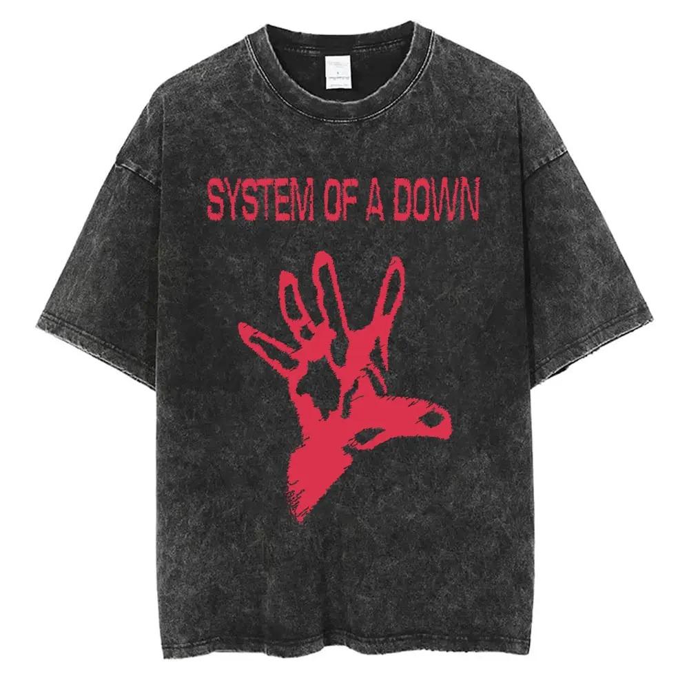 2026 Washed Vintage System of A Down Tshirt Men Women Cotton Quality Short Sleeve Tees Male Rock Music Band Cartoon Graphic T Shirts Y2K